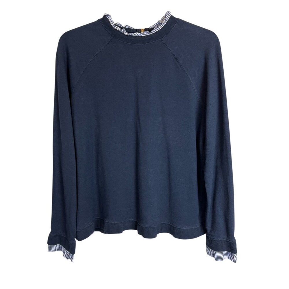 Carolina Belle Ruffle Trim Navy Modal Sweatshirt Size M Exposed Zipper Top